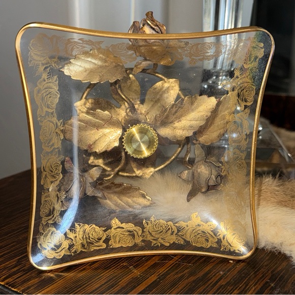 Vintage Gold Gilded Toleware Rose Pedestal Compote Candy Dish Made in Italy - Picture 14 of 17